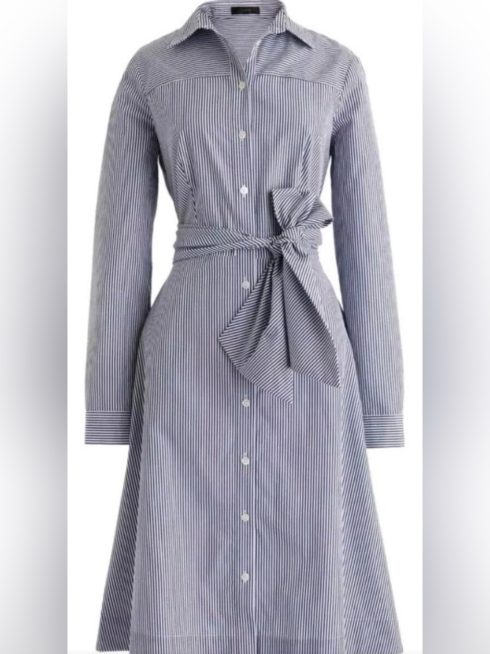 J. Crew Navy and White Striped Long-Sleeve Shirt Dress with Tie Waist